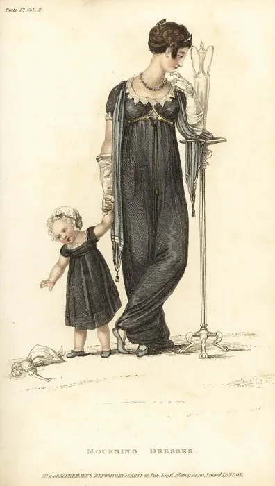 Framed Print : Regency woman and child in mourning dress, 1809