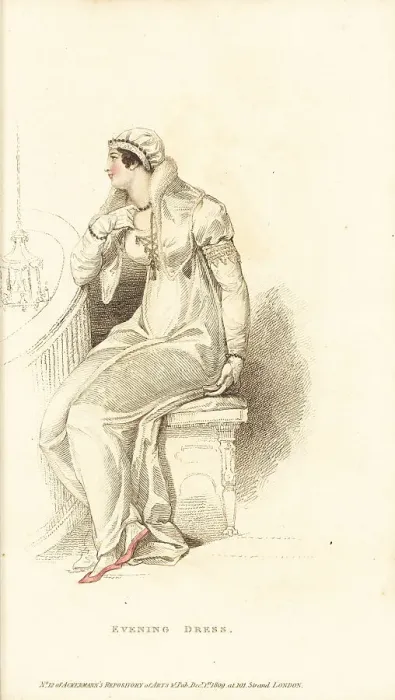Framed Print : Regency woman in evening dress on a balcony, 1809 Framed Print : Regency woman in evening dress on a balcony, 1809
