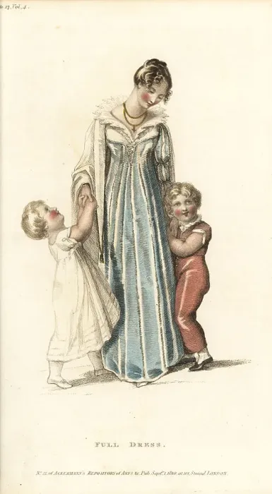 Framed Print : Regency woman in full evening dress with two children Framed Print : Regency woman in full evening dress with two children