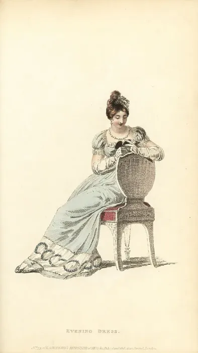 Framed Print : Regency woman in full evening dress looking at a locket, 1815 Framed Print : Regency woman in full evening dress looking at a locket, 1815