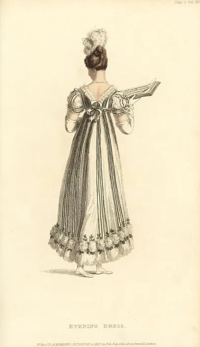 Framed Print : Regency woman in evening dress reading a musical score, 1815 Framed Print : Regency woman in evening dress reading a musical score, 1815