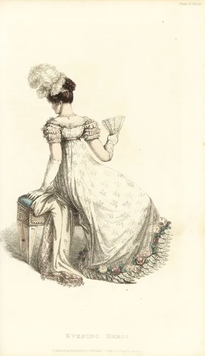 Framed Print : Regency woman in evening dress seated on a stool, 1820 Framed Print : Regency woman in evening dress seated on a stool, 1820