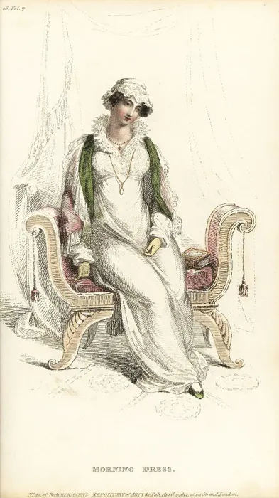 Framed Print : Regency woman in morning costume seated on a sofa, 1812 Framed Print : Regency woman in morning costume seated on a sofa, 1812