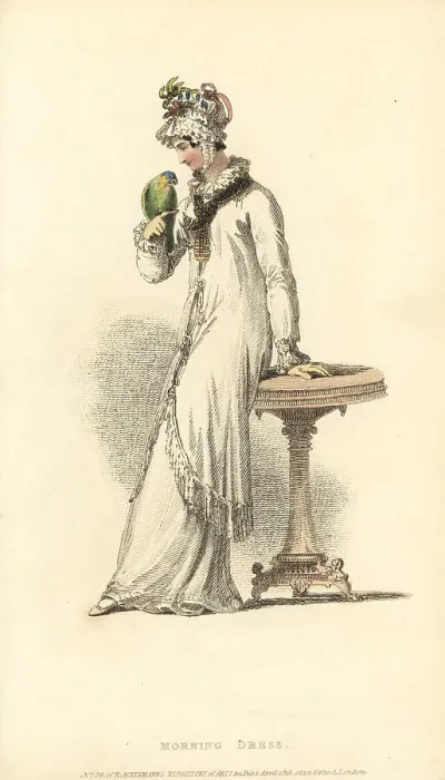 Framed Print : Regency woman in morning dress playing with a parrot, 1815 Framed Print : Regency woman in morning dress playing with a parrot, 1815