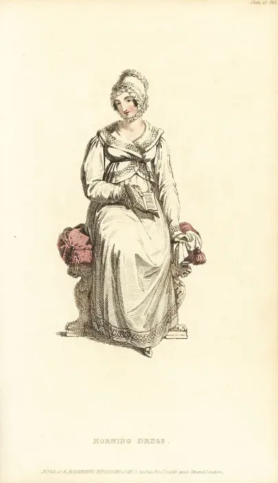 Framed Print : Regency woman in morning dress reading a book, 1815 Framed Print : Regency woman in morning dress reading a book, 1815