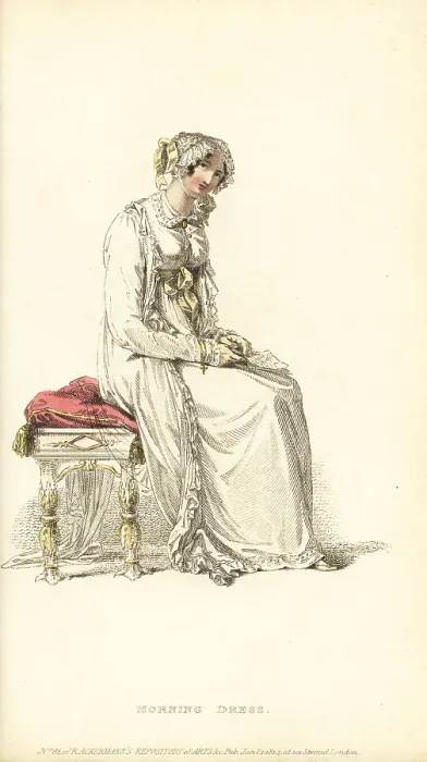Framed Print : Regency woman in morning dress seated on a stool Framed Print : Regency woman in morning dress seated on a stool