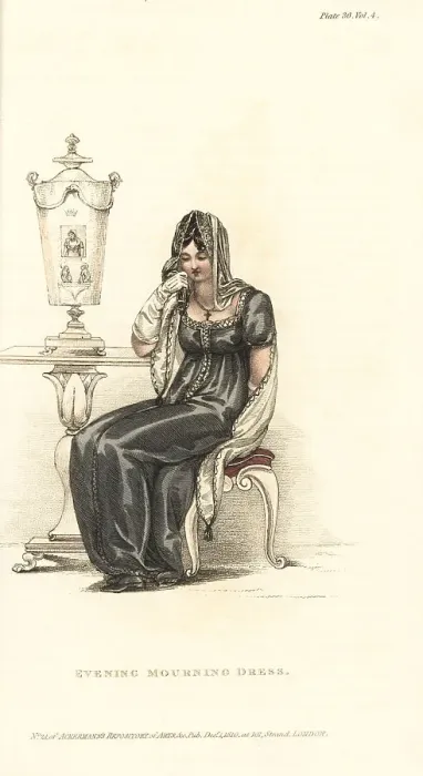 Framed Print : Regency woman in mourning evening dress, 1810