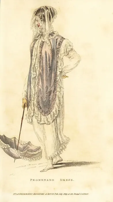 Framed Print : Regency woman in promenade dress of French cambric