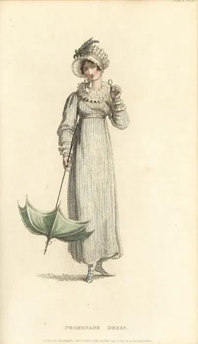 Framed Print : Regency woman in promenade dress with lorgnette, 1815 Framed Print : Regency woman in promenade dress with lorgnette, 1815