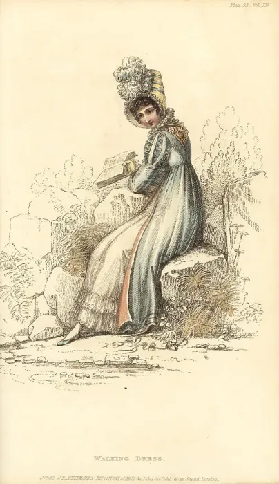 Framed Print : Regency woman in walking dress reading a book in a park, 1815 Framed Print : Regency woman in walking dress reading a book in a park, 1815