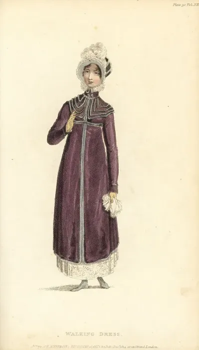 Framed Print : Regency woman in walking dress with Spanish hat, 1814 Framed Print : Regency woman in walking dress with Spanish hat, 1814