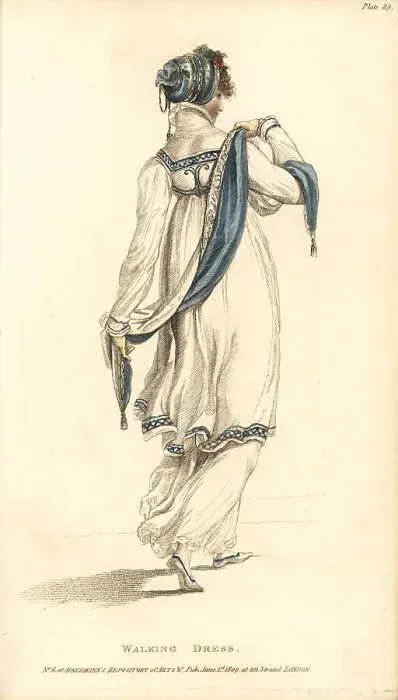 Framed Print : Regency womanin walking dress fixing her scarf Framed Print : Regency womanin walking dress fixing her scarf