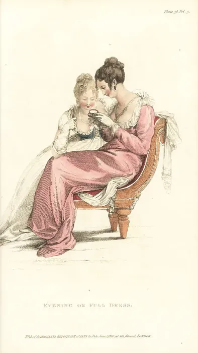 Framed Print : Regency women in evening dress looking at a locket, 1810 Framed Print : Regency women in evening dress looking at a locket, 1810
