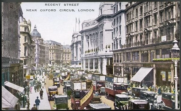 Regent Street 1920. Looking north up Regent Street, London, with buses, cars and cabs