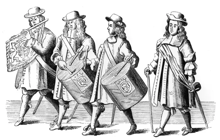 Framed Print : Regimental musicians at Moncks funeral, 1670 Framed Print : Regimental musicians at Moncks funeral, 1670