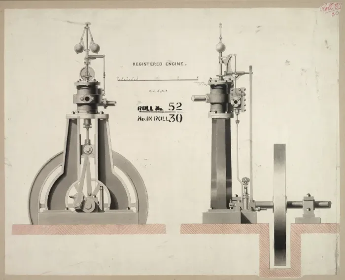 Framed Print : Registered engine, front and side elevations Framed Print : Registered engine, front and side elevations