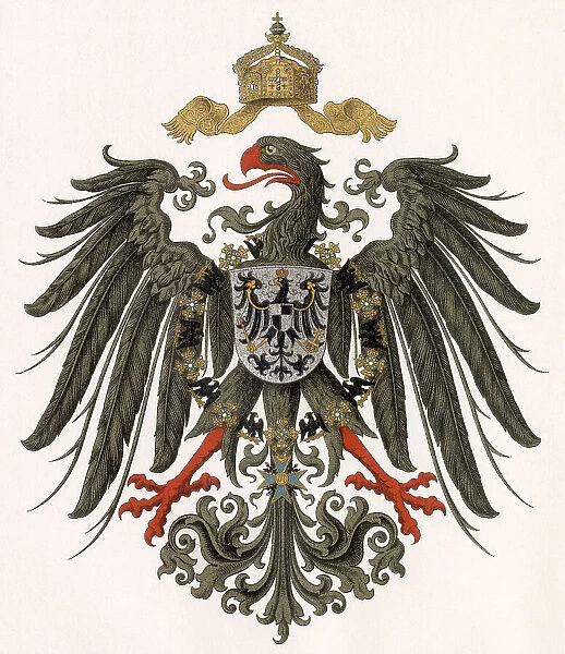 The Reichsadler - the state eagle of Germany - proudly rears its head, over which the imperial crown of Charlemagne hovers. Date: circa 1890