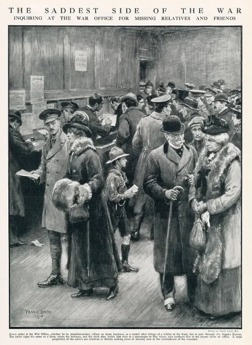 Framed Print : Relatives and friends at the War Office trying to inquires about missing soldiers at the front. Date: 1916 Framed Print : Relatives and friends at the War Office trying to inquires about missing soldiers at the front. Date: 1916