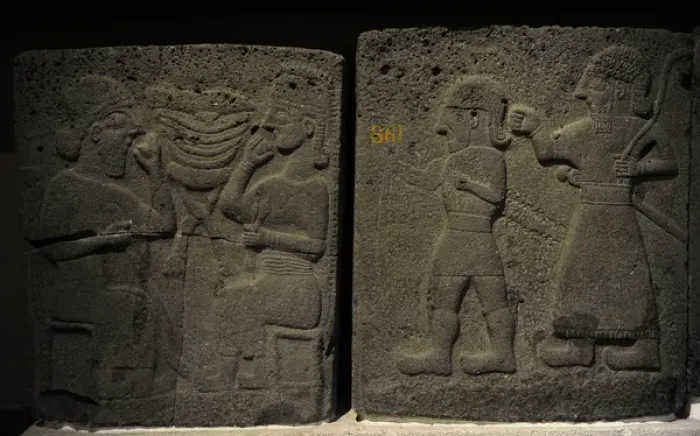 Framed Print : Relief depicting a banquet and males walking. Orthostat. Bas Framed Print : Relief depicting a banquet and males walking. Orthostat. Bas