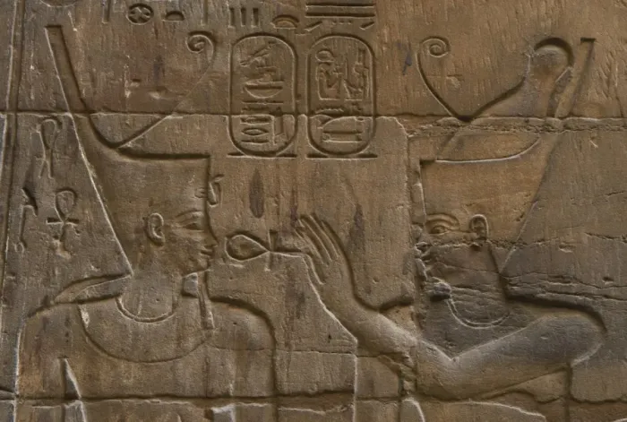 Framed Print : Relief depicting Egyptian divinity giving the Ankh to a phar Framed Print : Relief depicting Egyptian divinity giving the Ankh to a phar