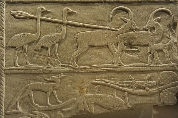 Relief depicting a hunting scene with ostrichs and ibexes. E