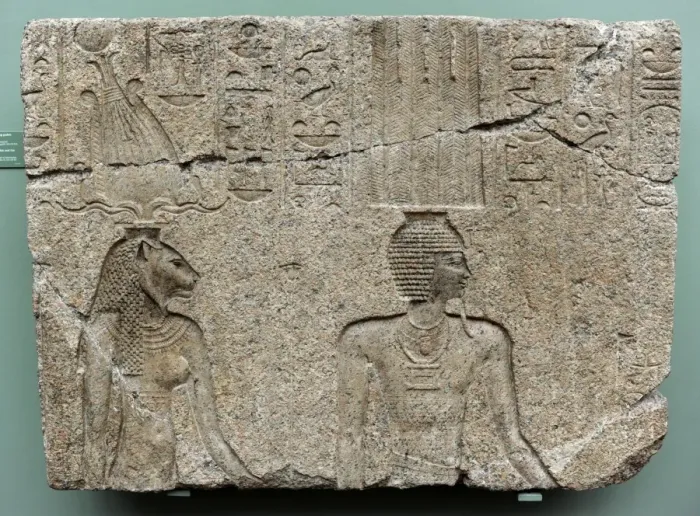Framed Print : Relief depicting the lion goddess Mehit and the god Onuris-S Framed Print : Relief depicting the lion goddess Mehit and the god Onuris-S