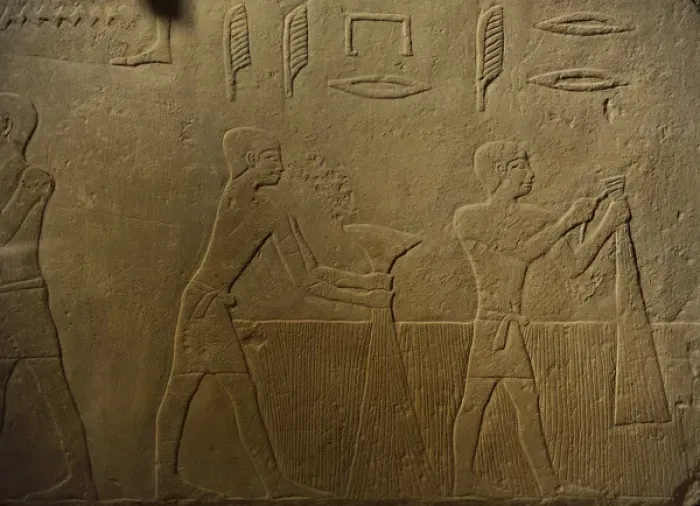 Framed Print : Relief depicting a men harvesting in presence of Hetepet. De Framed Print : Relief depicting a men harvesting in presence of Hetepet. De