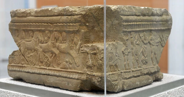 Reliefs of funerary games. Base of etruscan grave marker. Ea