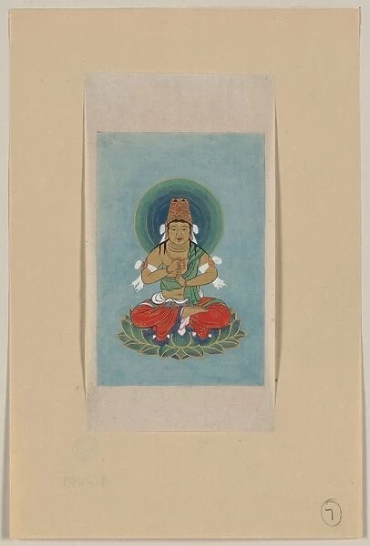 Religious figure sitting on a lotus, facing front, with blue