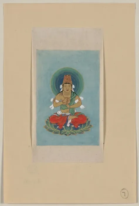 Framed Print : Religious figure sitting on a lotus, facing front, with blue Framed Print : Religious figure sitting on a lotus, facing front, with blue