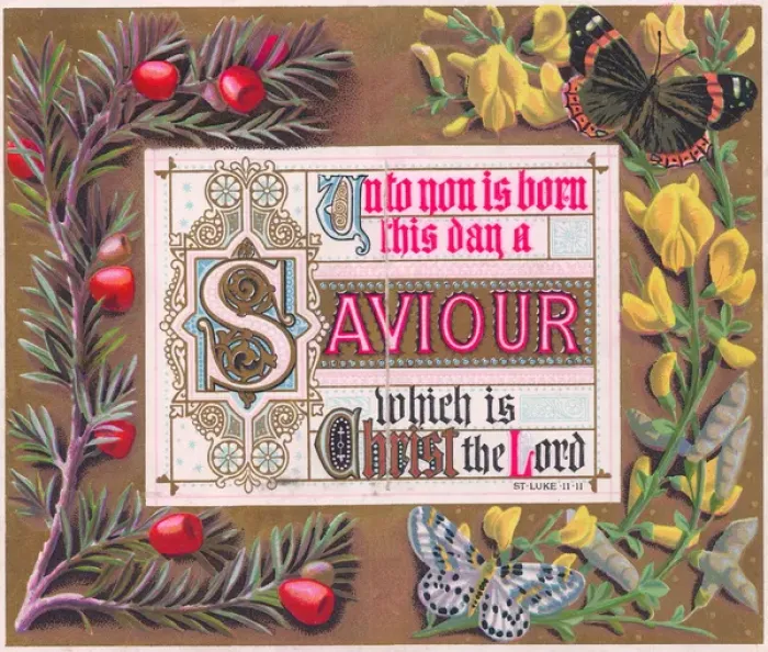 Framed Print : Religious verse with flowers on a Christmas card Framed Print : Religious verse with flowers on a Christmas card