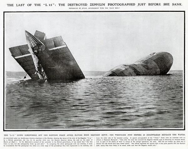 The remains of the German zeppelin L-15 sinking off the Kentish coast in 1916