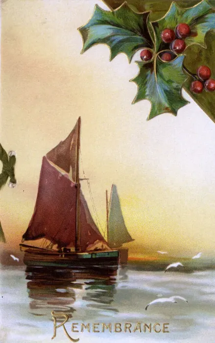Framed Print : Remembrance postcard with sailing boats and holly Framed Print : Remembrance postcard with sailing boats and holly