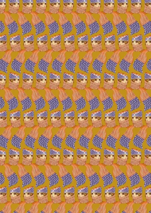Framed Print : Repeating Pattern - Girl in Stars and Stripes Scarf, yellow Framed Print : Repeating Pattern - Girl in Stars and Stripes Scarf, yellow