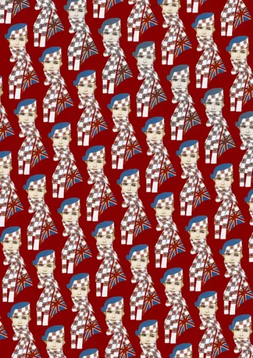 Framed Print : Repeating Pattern - Girl in Union Jack Flag Scarf, blue Framed Print : Repeating Pattern - Girl in Union Jack Flag Scarf, blue