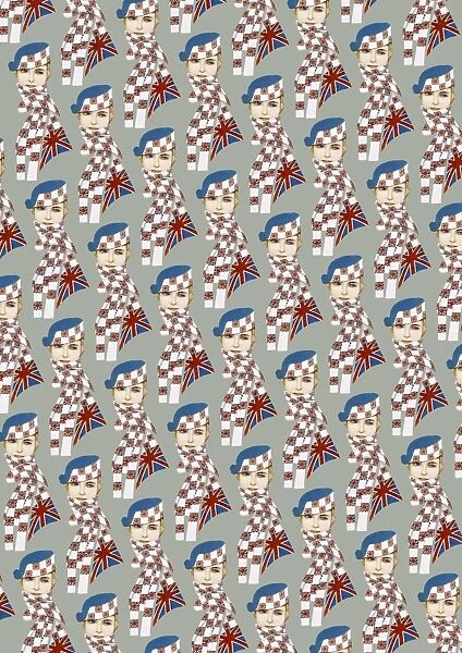 Repeating Pattern - Girl in Union Jack Flag Scarf, grey