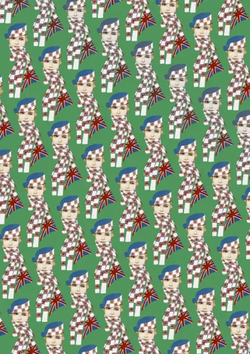 Framed Print : Repeating Pattern - Girl in Union Jack Flag Scarf, green Framed Print : Repeating Pattern - Girl in Union Jack Flag Scarf, green