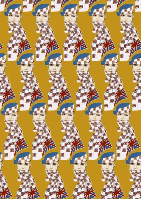Framed Print : Repeating Pattern - Girl in Union Jack Flag Scarf, yellow Framed Print : Repeating Pattern - Girl in Union Jack Flag Scarf, yellow