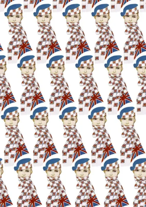 Framed Print : Repeating Pattern - Girl in Union Jack Flag Scarf, white Framed Print : Repeating Pattern - Girl in Union Jack Flag Scarf, white