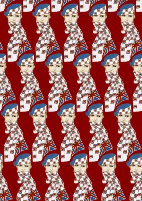 Framed Print : Repeating Pattern - Girl in Union Jack Flag Scarf, blue Framed Print : Repeating Pattern - Girl in Union Jack Flag Scarf, blue