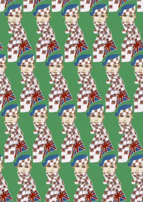 Framed Print : Repeating Pattern - Girl in Union Jack Flag Scarf, green Framed Print : Repeating Pattern - Girl in Union Jack Flag Scarf, green