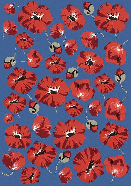 Repeating Pattern - Poppies - Blue background