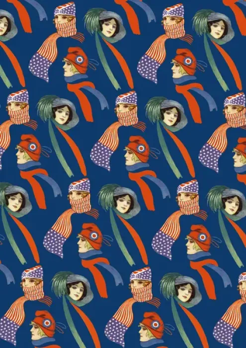 Framed Print : Repeating Pattern - three women in scarves and hats, blue Framed Print : Repeating Pattern - three women in scarves and hats, blue