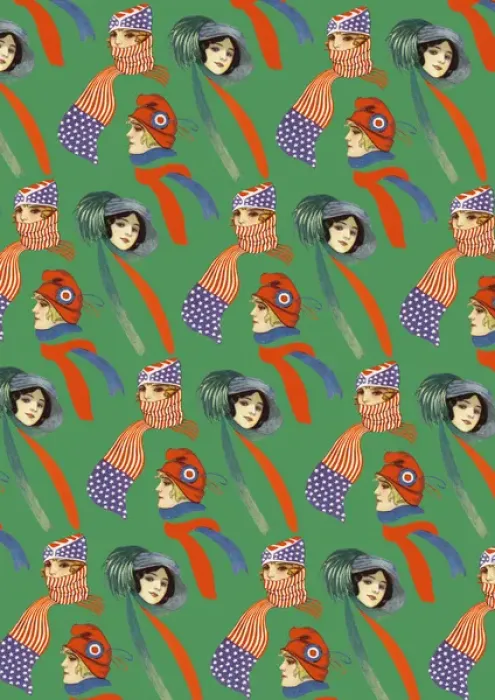 Framed Print : Repeating Pattern - three women in scarves and hats, green Framed Print : Repeating Pattern - three women in scarves and hats, green