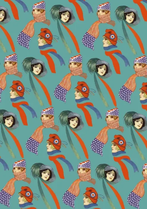 Framed Print : Repeating Pattern - three women, scarves and hats, turquoise Framed Print : Repeating Pattern - three women, scarves and hats, turquoise