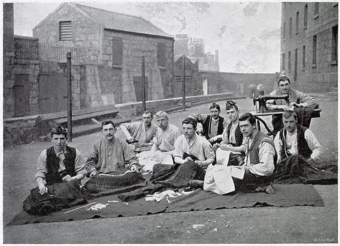 Framed Print : Representing the tailors of the regiment making kilts for the Gordon Highlanders in the barrack-yard at Aberdeen. Date: circa 1902 Framed Print : Representing the tailors of the regiment making kilts for the Gordon Highlanders in the barrack-yard at Aberdeen. Date: circa 1902