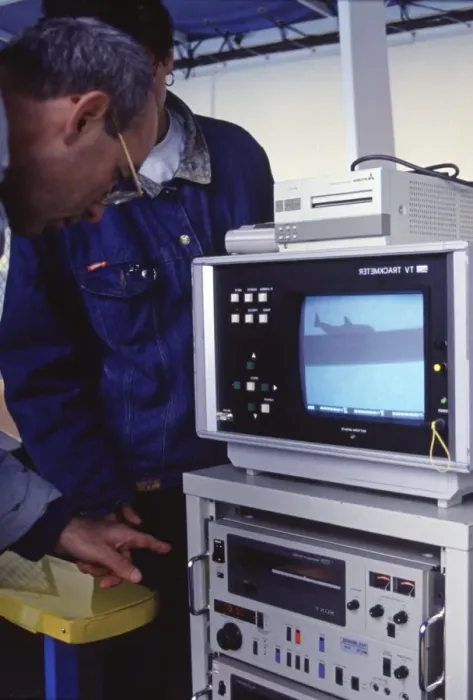 Framed Print : Researchers - monitoring sonar sounds of a dolphin Framed Print : Researchers - monitoring sonar sounds of a dolphin
