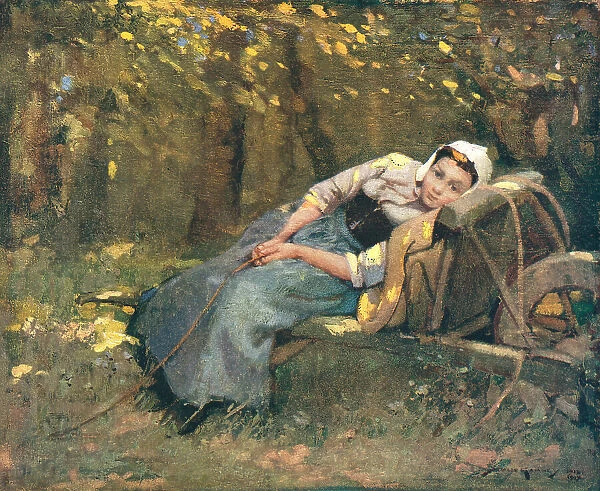 Resting. A portrait painting of a young woman sat on a crude bench by the edge of a forest