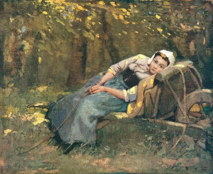 Framed Print : Resting. A portrait painting of a young woman sat on a crude bench by the edge of a forest Framed Print : Resting. A portrait painting of a young woman sat on a crude bench by the edge of a forest