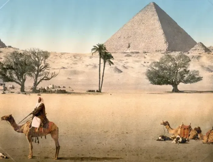 Framed Print : Resting Bedouins and the Grand Pyramid, Cairo, Egypt Framed Print : Resting Bedouins and the Grand Pyramid, Cairo, Egypt